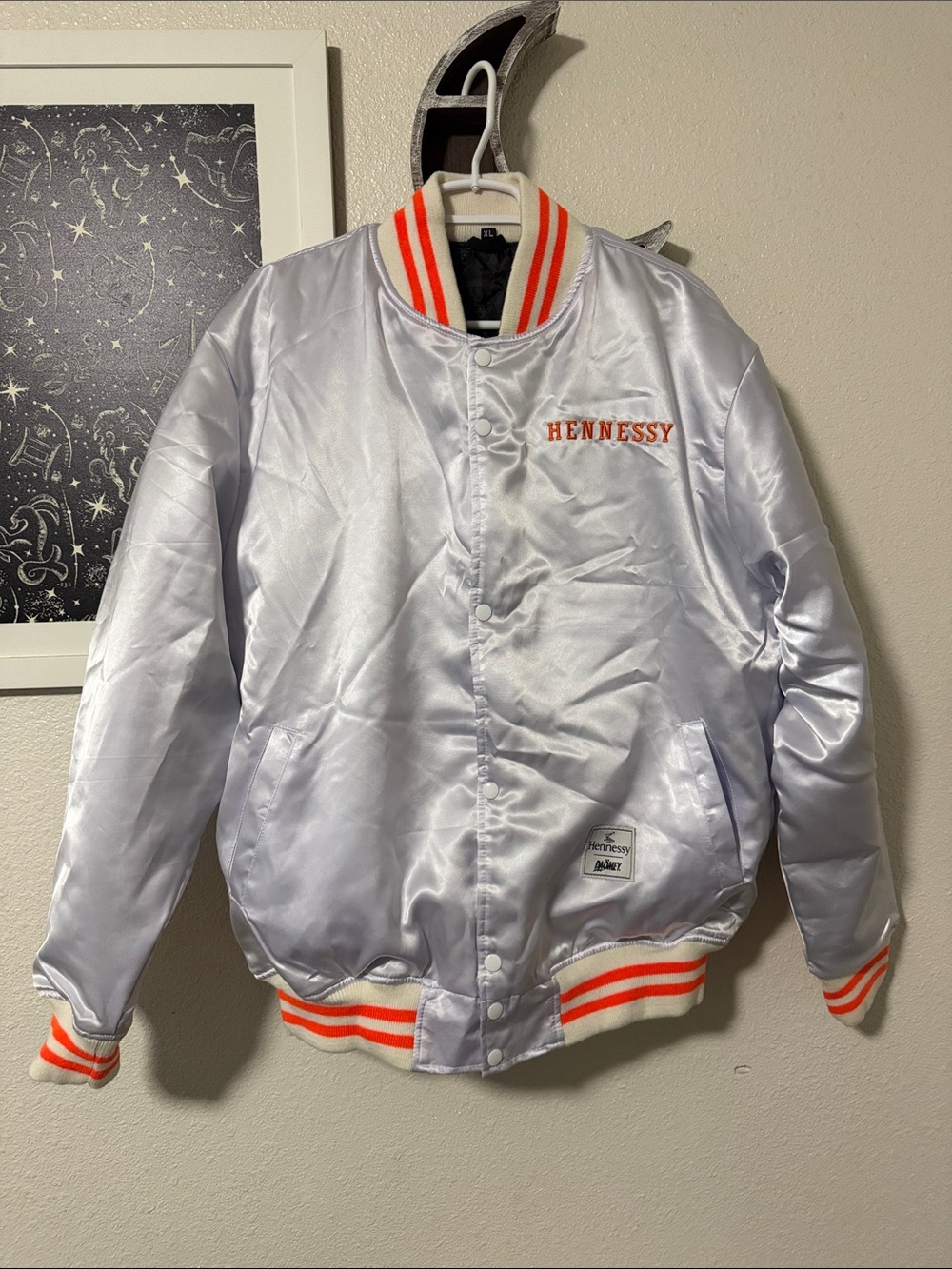 Hennessy Silver Satin Bomber Jacket with Orange Trim